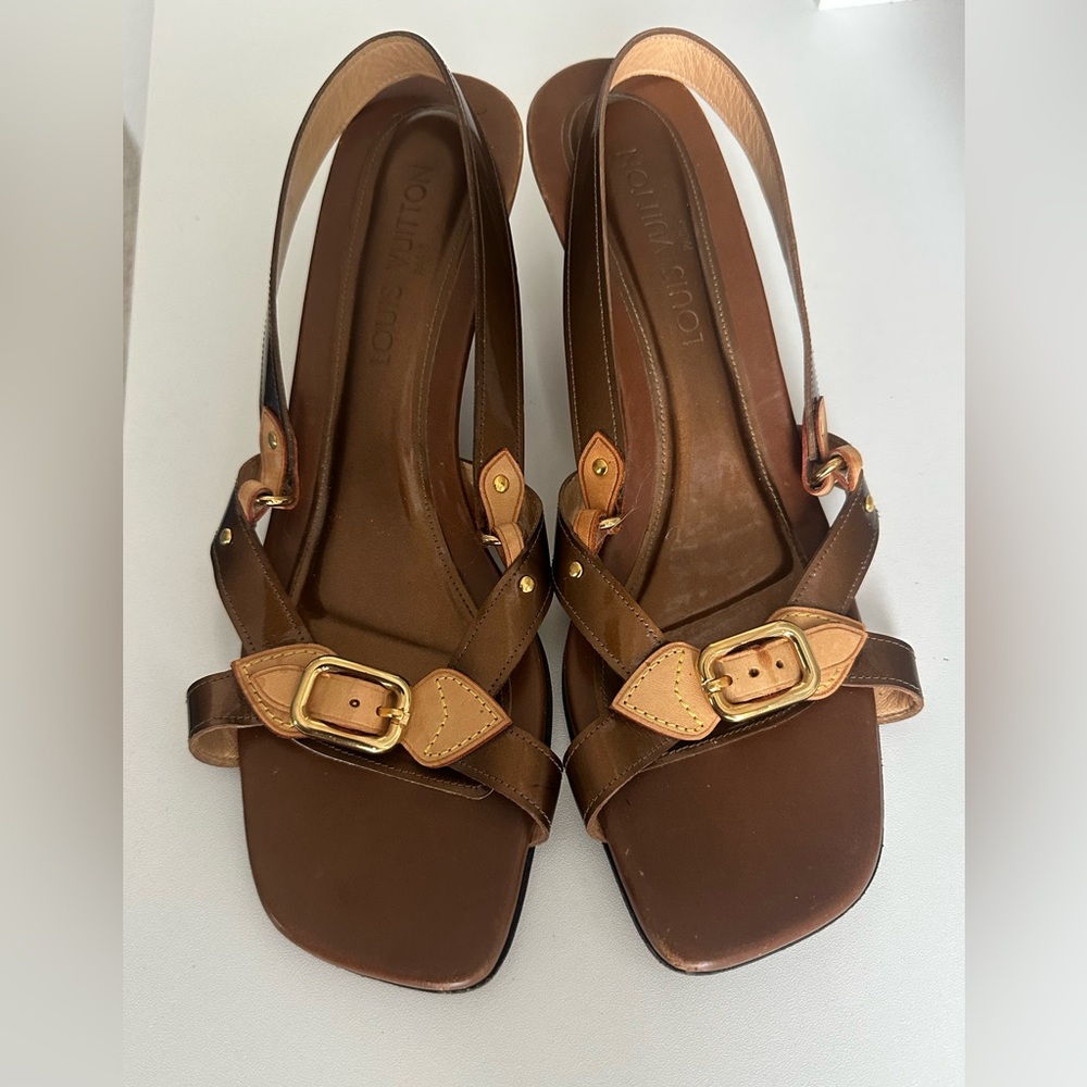 Louis Vuitton Vintage Brown Leather Sandals w/Gold Buckle